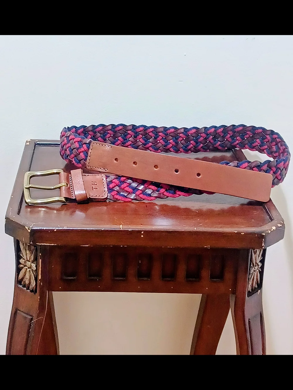 TH Braided Leather-Trim Unisex Belt in Navy and Red Woven